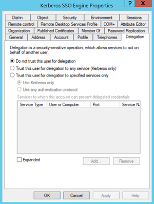 Delegation tab for service account